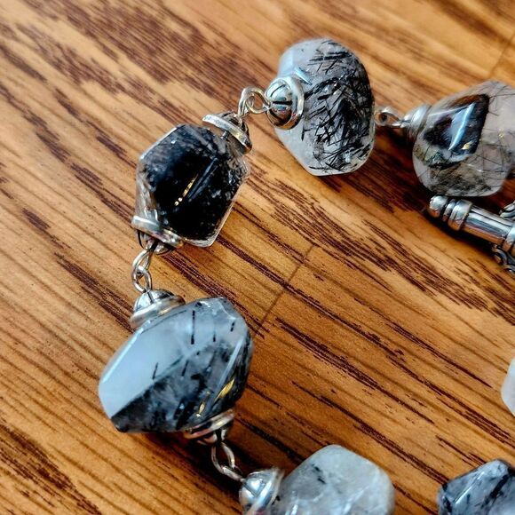 BRIGHTON Silver and Black Rutilated Smoky Quartz Toggle Bracelet, Vintage! - Picture 3 of 10